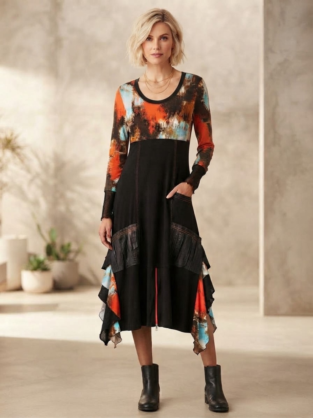 Dzhavael Couture Abstract Mixed Media Panel Dress
